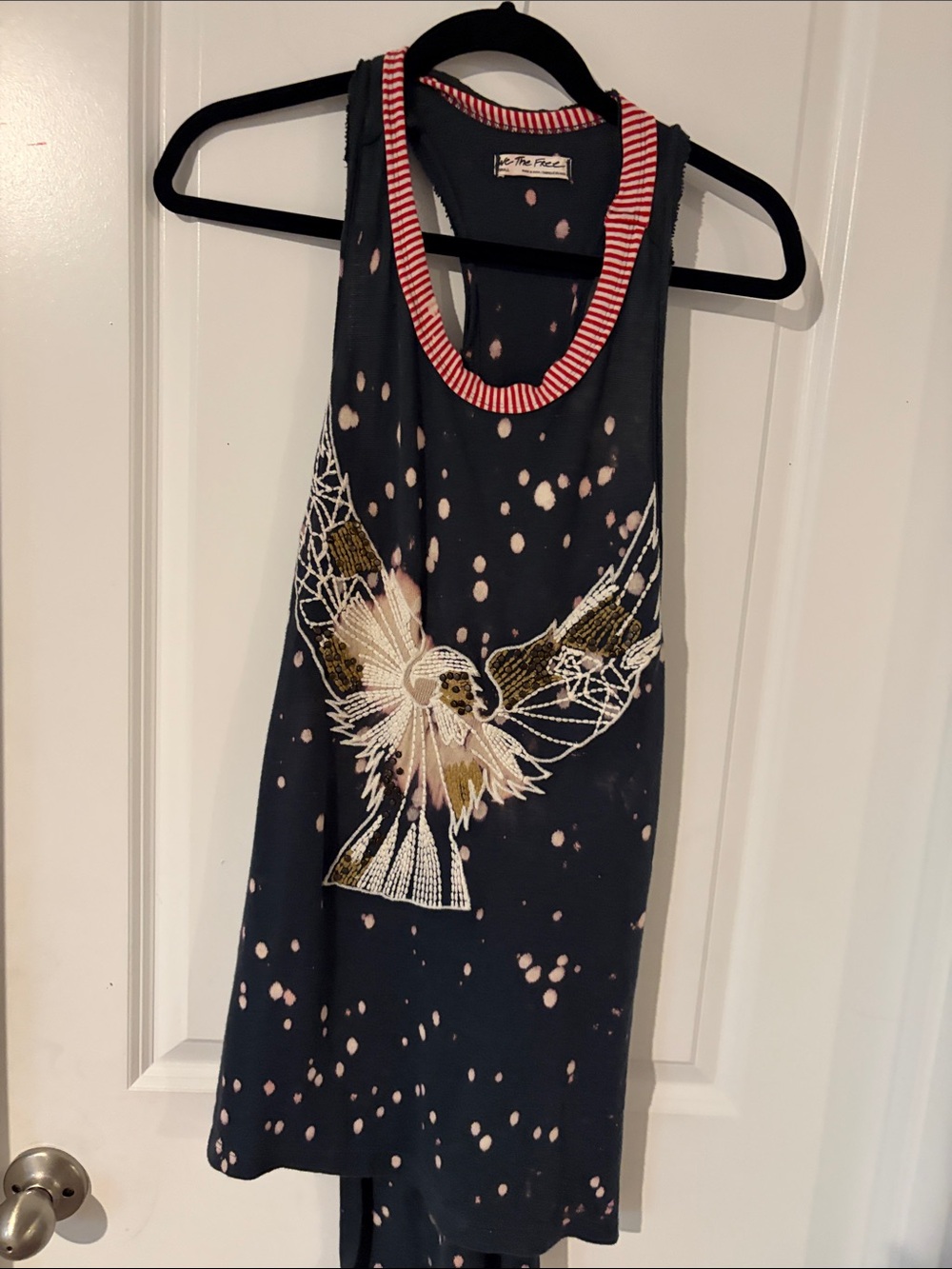 Free People Black Graphic Tank with Bird Embroidery and Pink Bleach Splatter